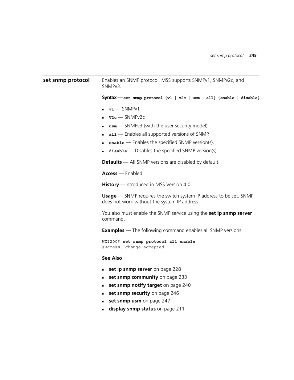 Set snmp protocol | 3Com WXR100 3CRWXR10095A User Manual | Page 245 / 800