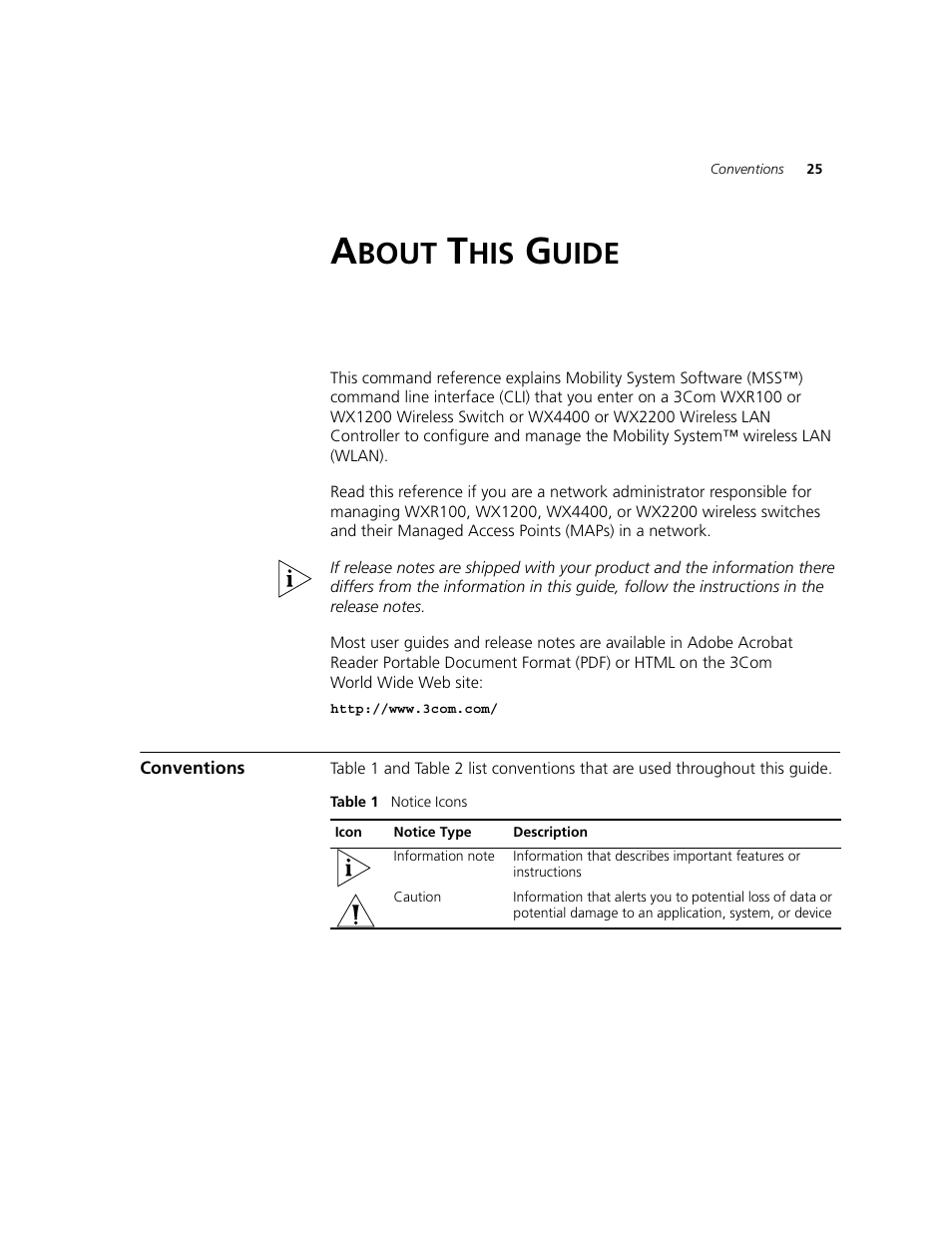 About this guide, Conventions, Bout | Uide | 3Com WXR100 3CRWXR10095A User Manual | Page 25 / 800