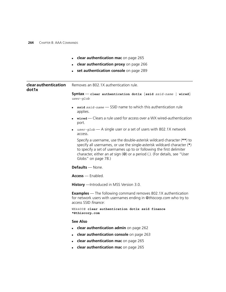 Clear authentication dot1x | 3Com WXR100 3CRWXR10095A User Manual | Page 264 / 800