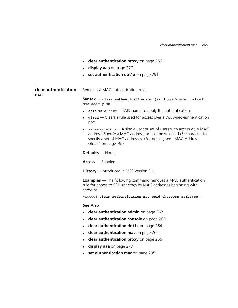 Clear authentication mac | 3Com WXR100 3CRWXR10095A User Manual | Page 265 / 800