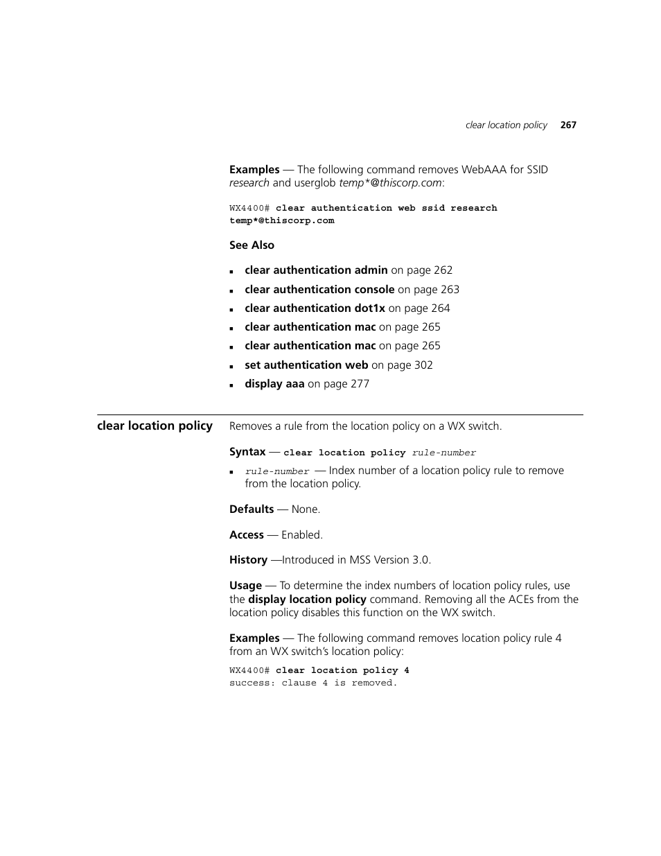 Clear location policy | 3Com WXR100 3CRWXR10095A User Manual | Page 267 / 800