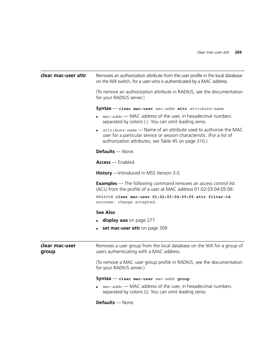 Clear mac-user attr, Clear mac-user group | 3Com WXR100 3CRWXR10095A User Manual | Page 269 / 800