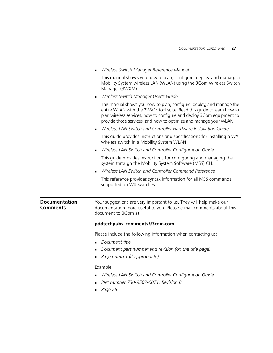 Documentation comments | 3Com WXR100 3CRWXR10095A User Manual | Page 27 / 800