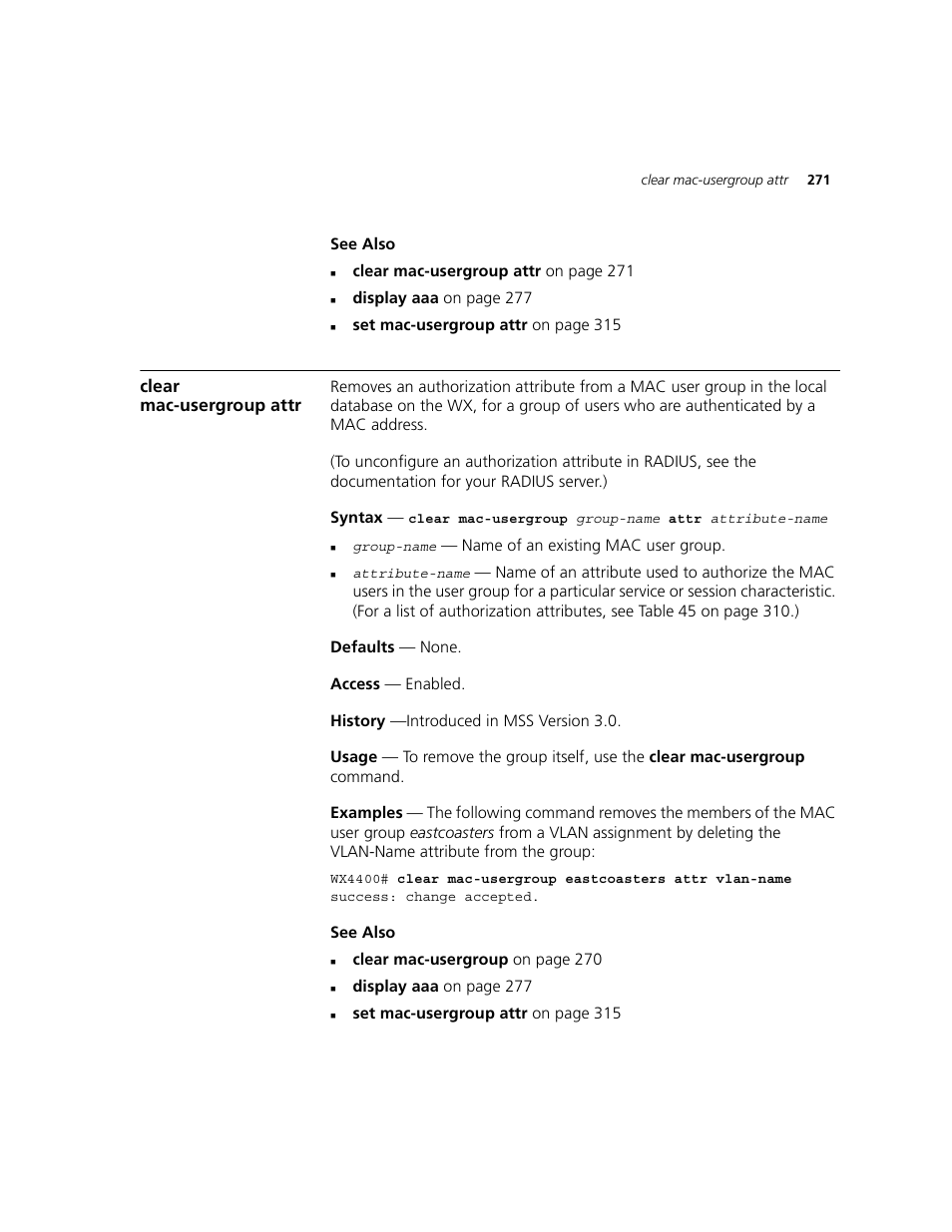 Clear mac-usergroup attr | 3Com WXR100 3CRWXR10095A User Manual | Page 271 / 800