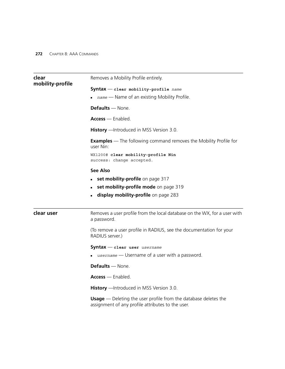 Clear mobility-profile, Clear user | 3Com WXR100 3CRWXR10095A User Manual | Page 272 / 800