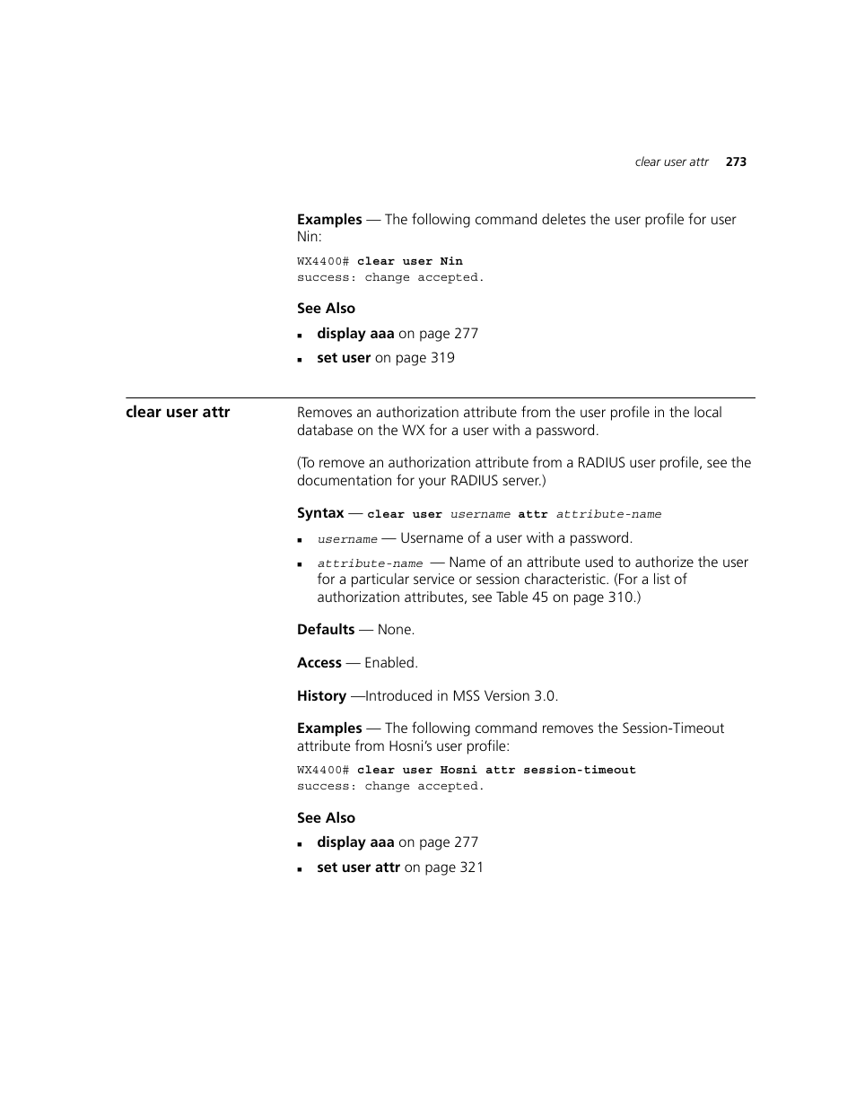 Clear user attr | 3Com WXR100 3CRWXR10095A User Manual | Page 273 / 800