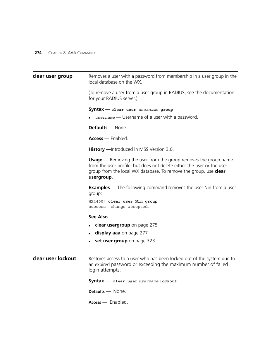 Clear user group, Clear user lockout | 3Com WXR100 3CRWXR10095A User Manual | Page 274 / 800