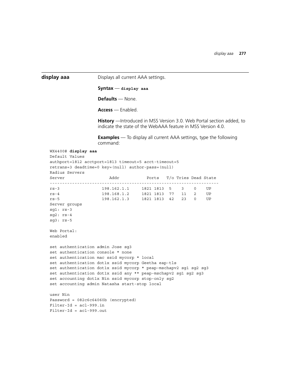 Display aaa | 3Com WXR100 3CRWXR10095A User Manual | Page 277 / 800