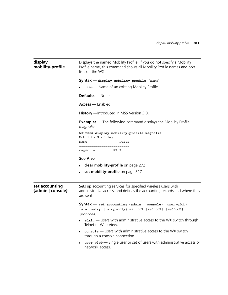 Display mobility-profile, Set accounting {admin | console | 3Com WXR100 3CRWXR10095A User Manual | Page 283 / 800