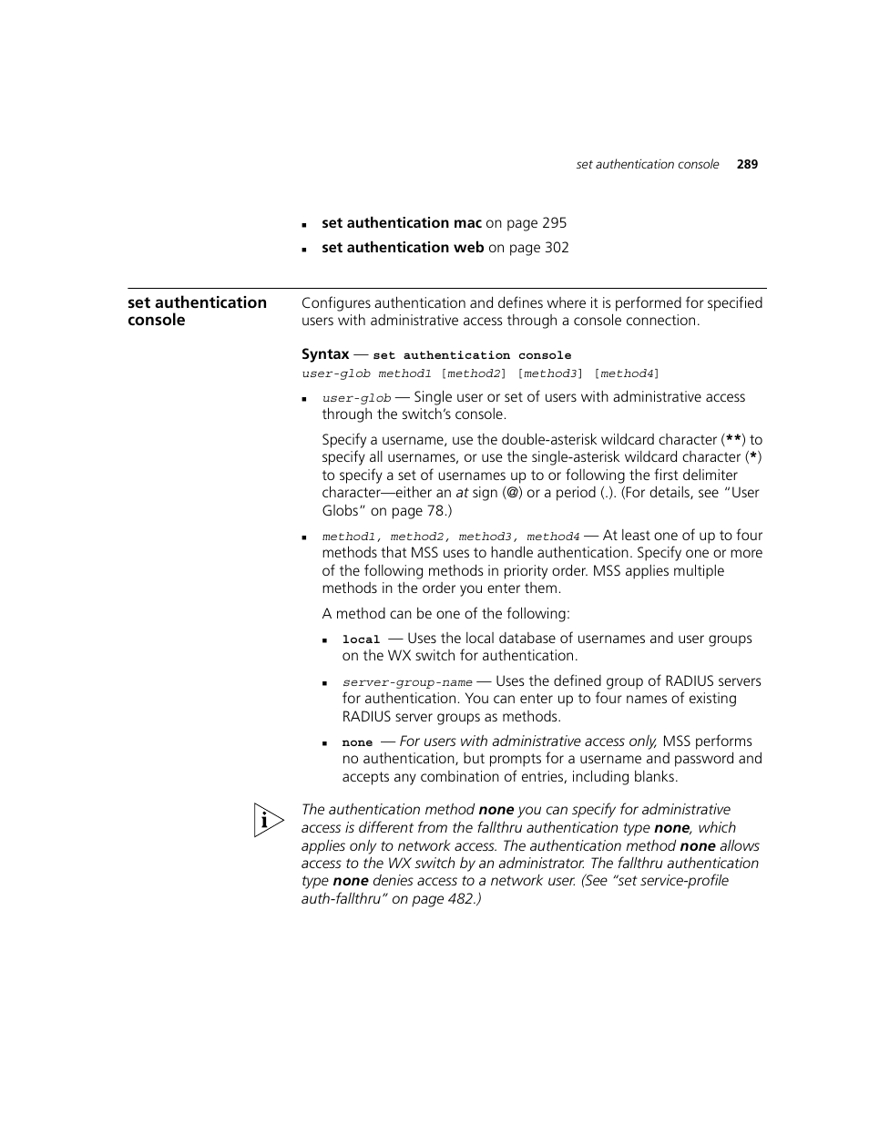 Set authentication console | 3Com WXR100 3CRWXR10095A User Manual | Page 289 / 800