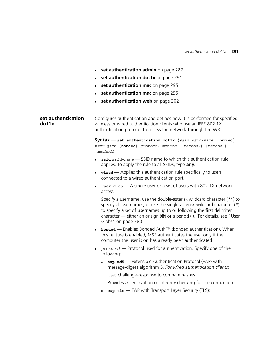 Set authentication dot1x | 3Com WXR100 3CRWXR10095A User Manual | Page 291 / 800