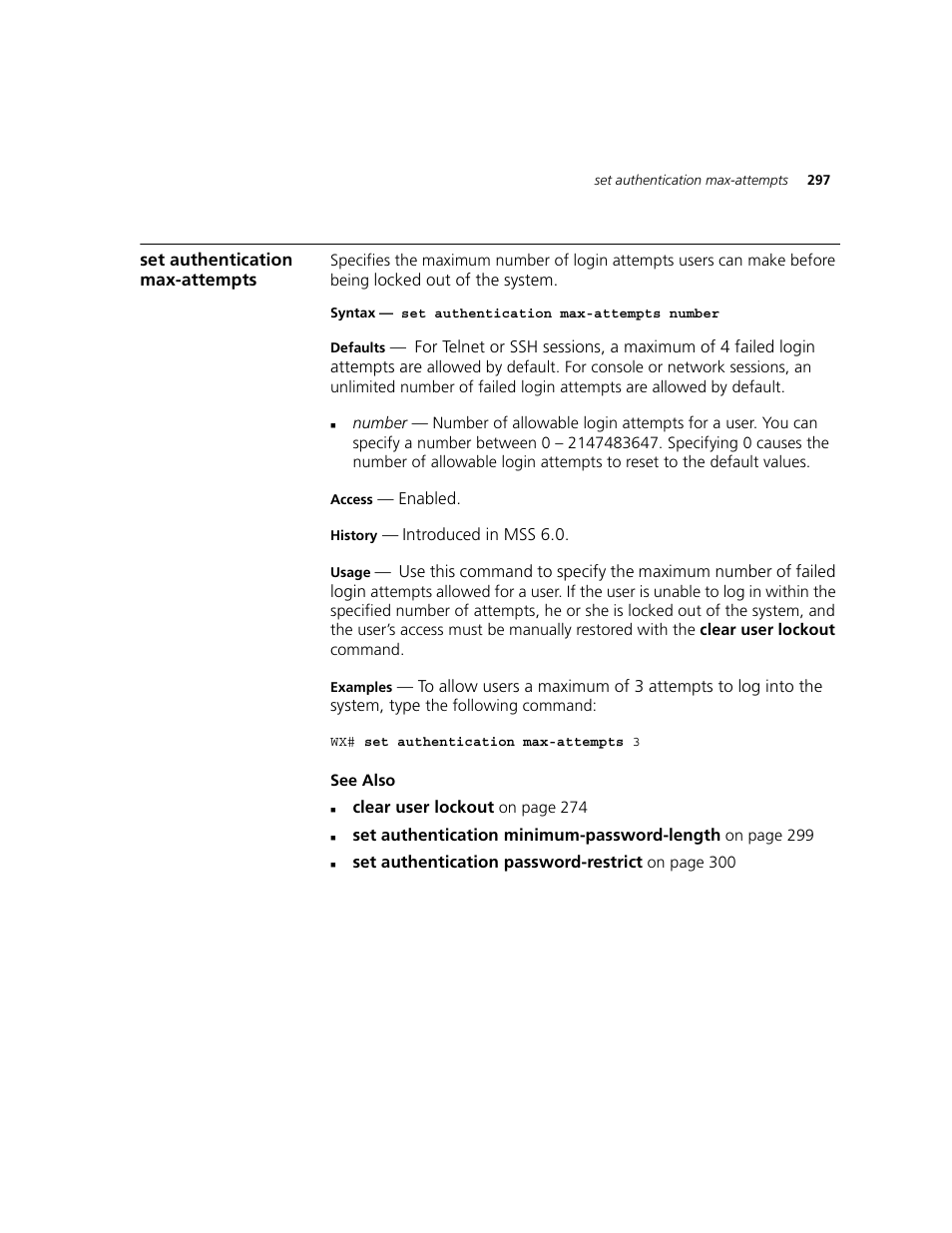 Set authentication max-attempts | 3Com WXR100 3CRWXR10095A User Manual | Page 297 / 800