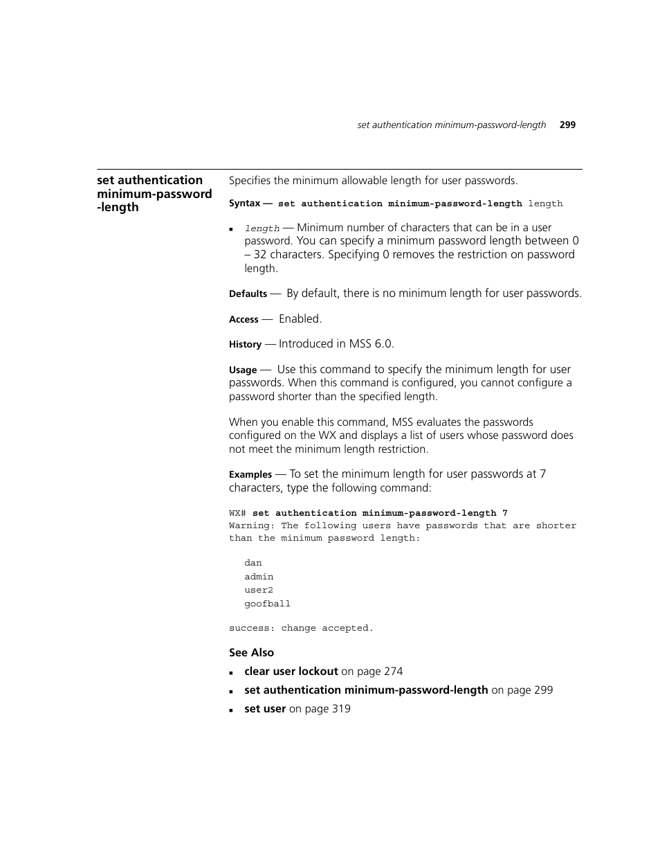 Set authentication minimum-password -length, Set authentication minimum-password-length | 3Com WXR100 3CRWXR10095A User Manual | Page 299 / 800