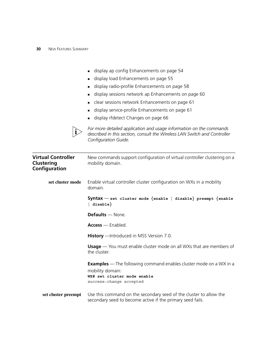 Virtual controller clustering configuration, Set cluster mode, Set cluster preempt | Virtual controller clustering configuration o | 3Com WXR100 3CRWXR10095A User Manual | Page 30 / 800