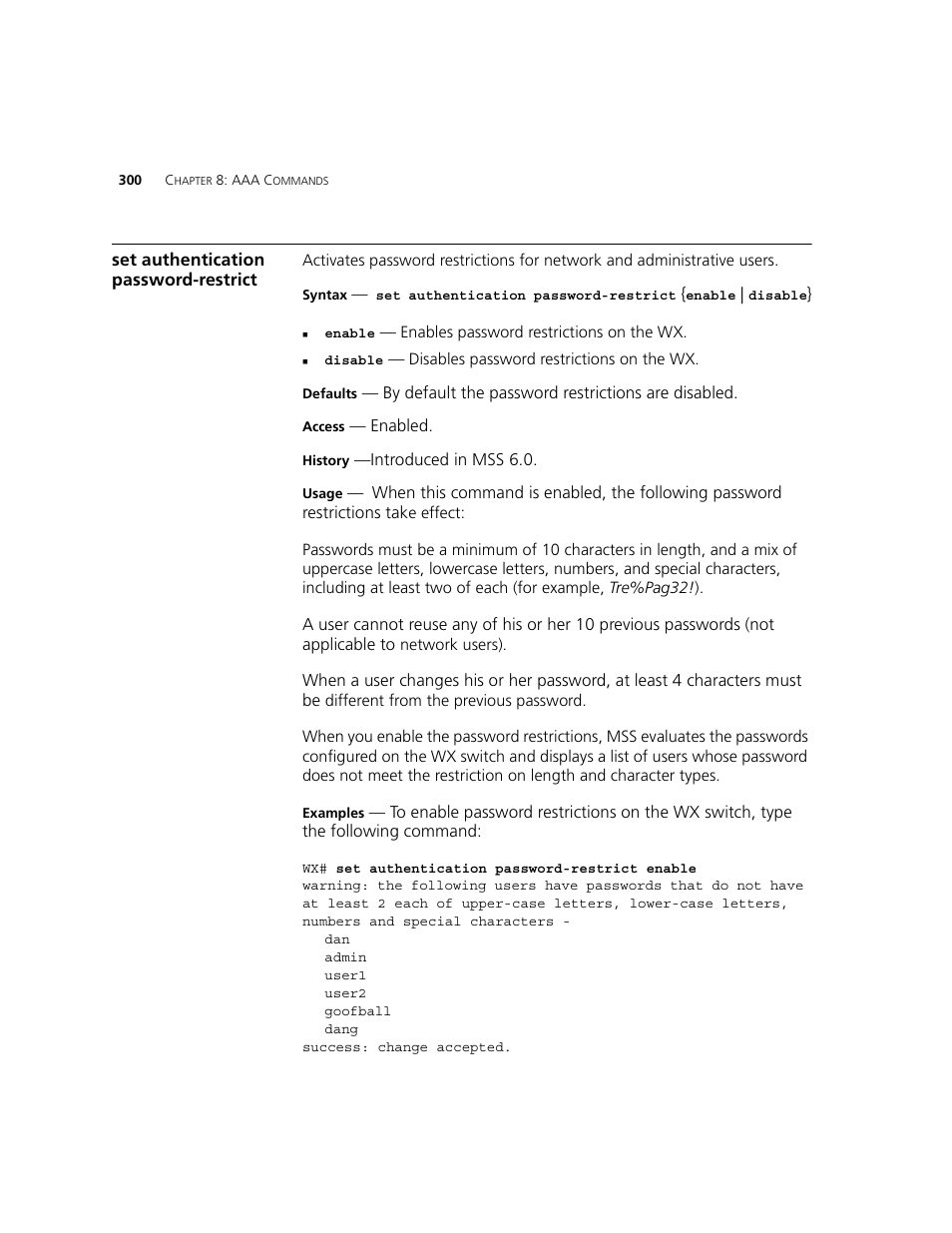 Set authentication password-restrict | 3Com WXR100 3CRWXR10095A User Manual | Page 300 / 800