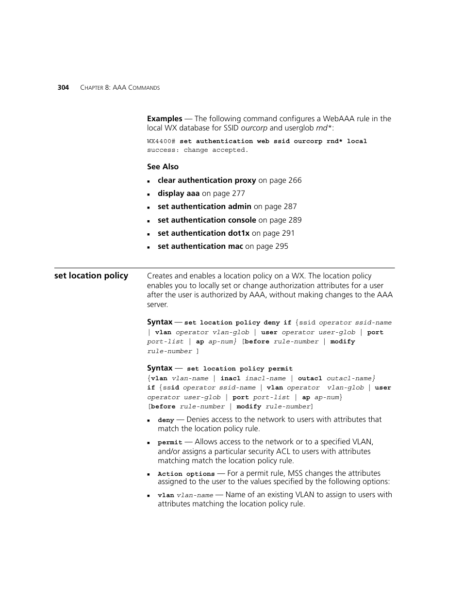 Set location policy | 3Com WXR100 3CRWXR10095A User Manual | Page 304 / 800