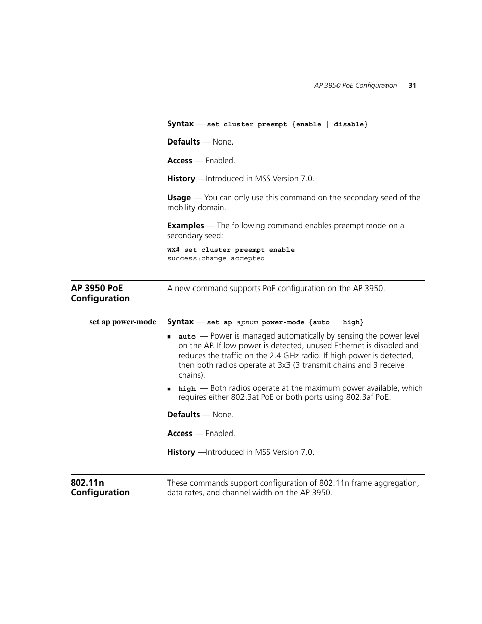 Ap 3950 poe configuration, Set ap power-mode, 11n configuration | Ap 3950 poe configuration on | 3Com WXR100 3CRWXR10095A User Manual | Page 31 / 800