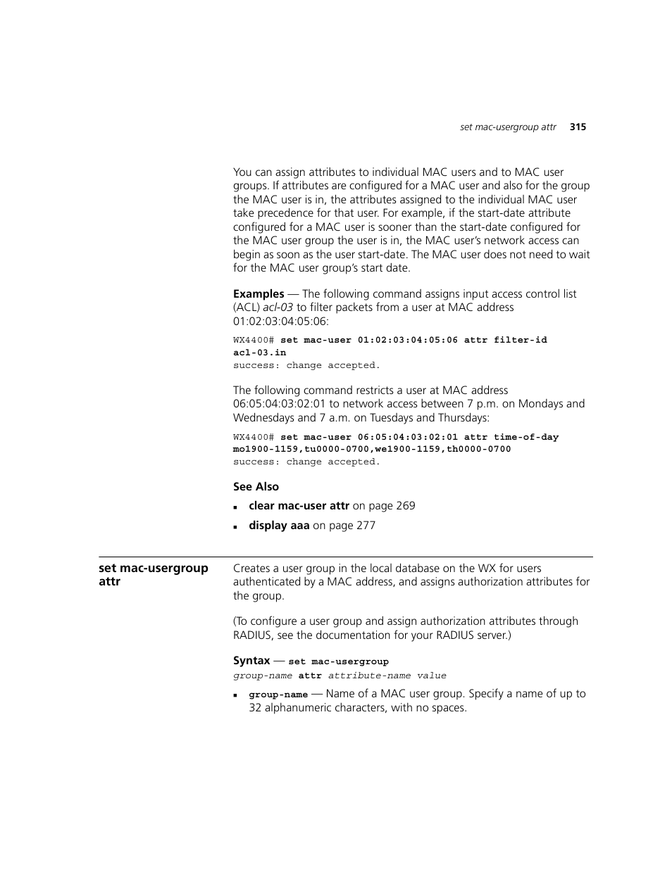 Set mac-usergroup attr | 3Com WXR100 3CRWXR10095A User Manual | Page 315 / 800