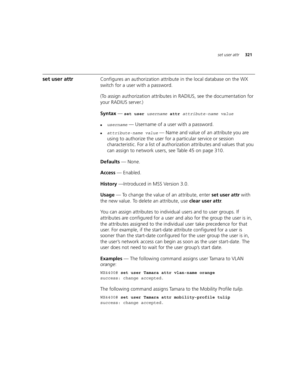 Set user attr | 3Com WXR100 3CRWXR10095A User Manual | Page 321 / 800