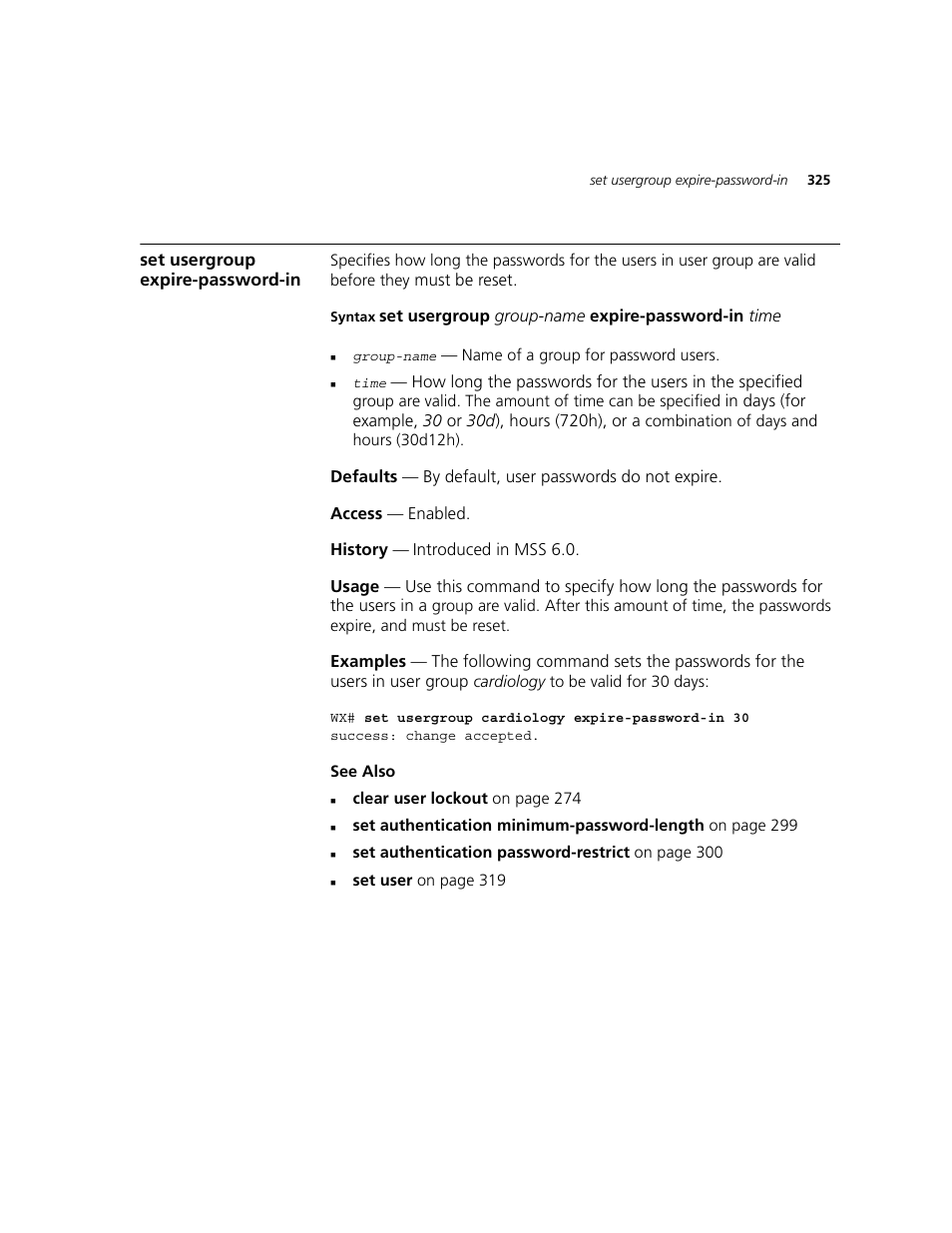 Set usergroup expire-password-in | 3Com WXR100 3CRWXR10095A User Manual | Page 325 / 800