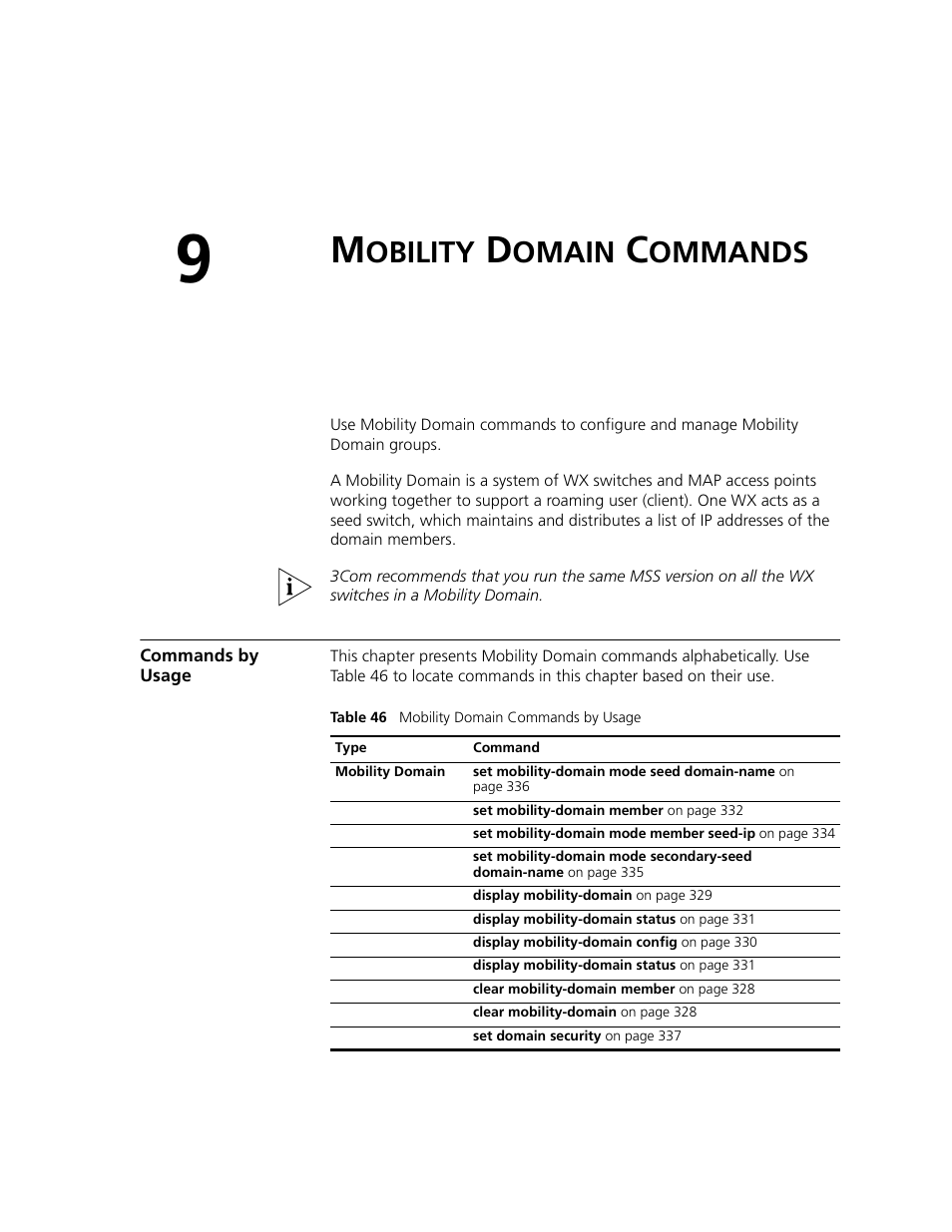 Mobility domain commands, Commands by usage, Obility | Omain, Ommands | 3Com WXR100 3CRWXR10095A User Manual | Page 327 / 800