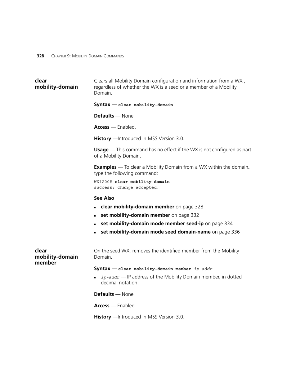 Clear mobility-domain, Clear mobility-domain member | 3Com WXR100 3CRWXR10095A User Manual | Page 328 / 800