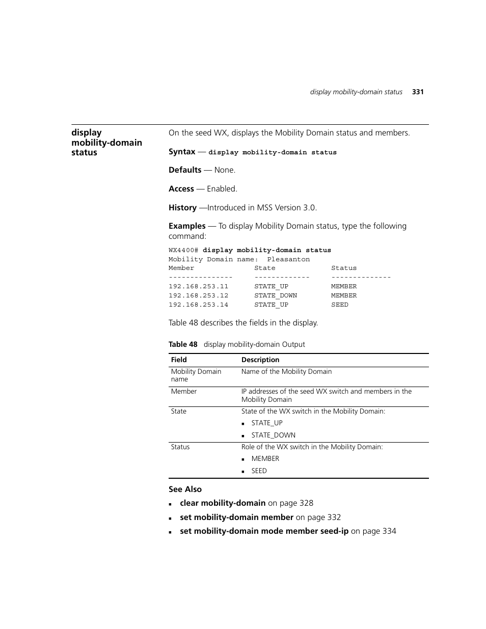 Display mobility-domain status | 3Com WXR100 3CRWXR10095A User Manual | Page 331 / 800