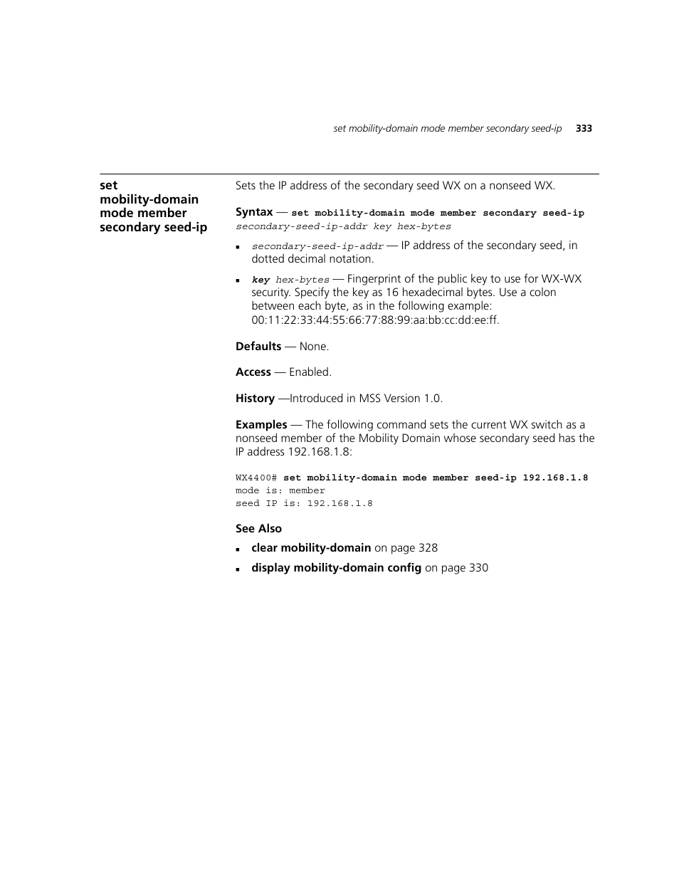 Set mobility-domain mode member secondary seed-ip | 3Com WXR100 3CRWXR10095A User Manual | Page 333 / 800