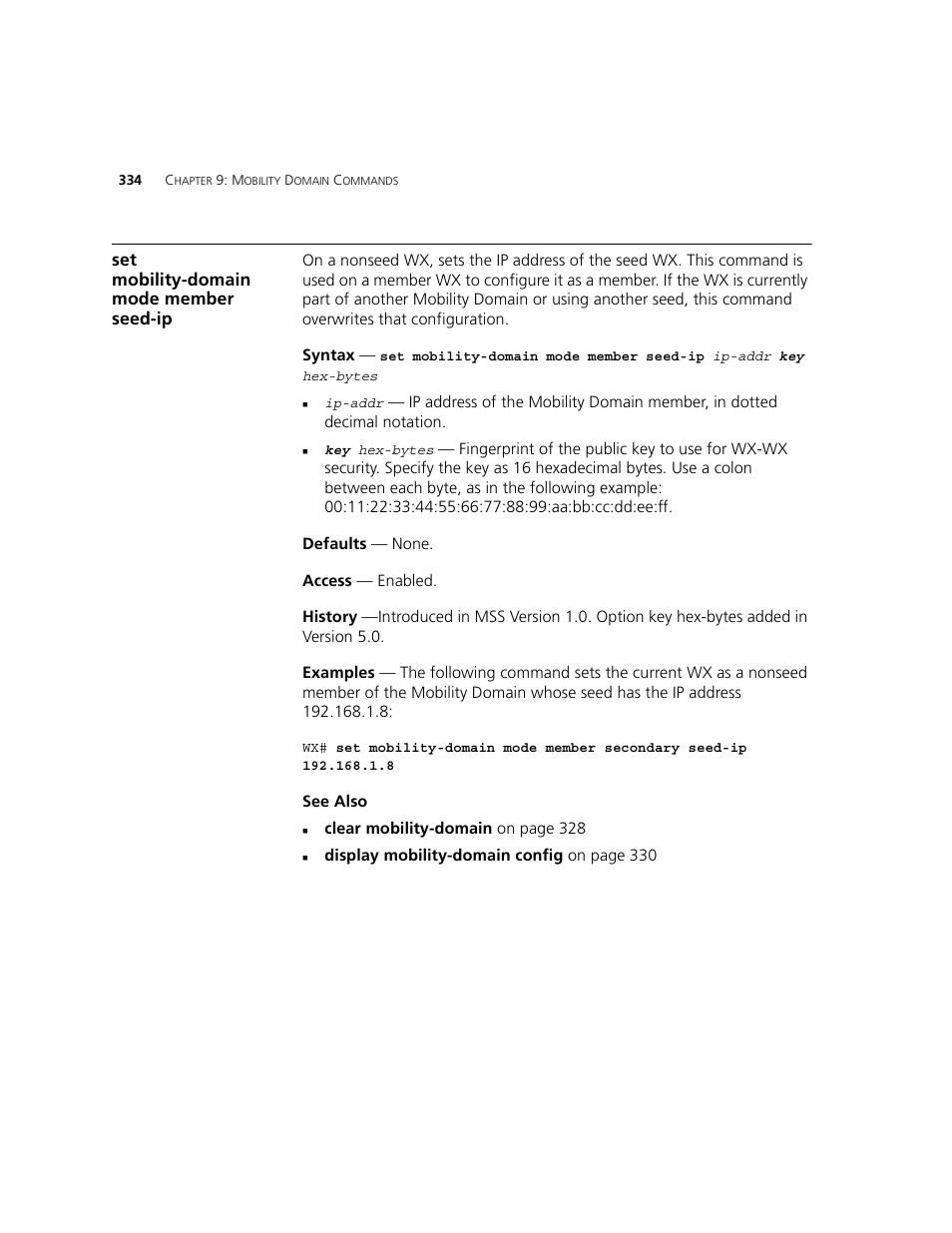 Set mobility-domain mode member seed-ip | 3Com WXR100 3CRWXR10095A User Manual | Page 334 / 800