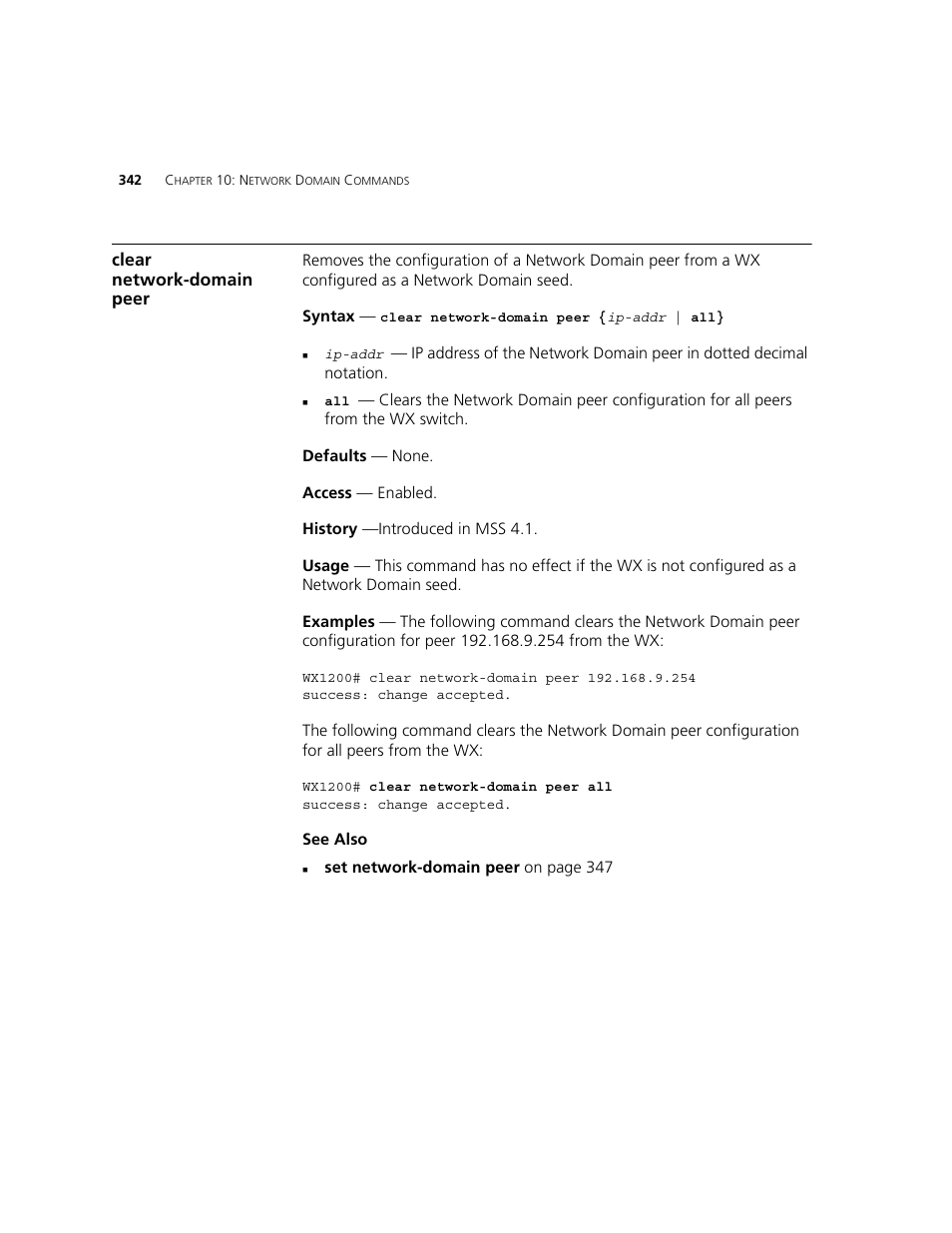 Clear network-domain peer | 3Com WXR100 3CRWXR10095A User Manual | Page 342 / 800
