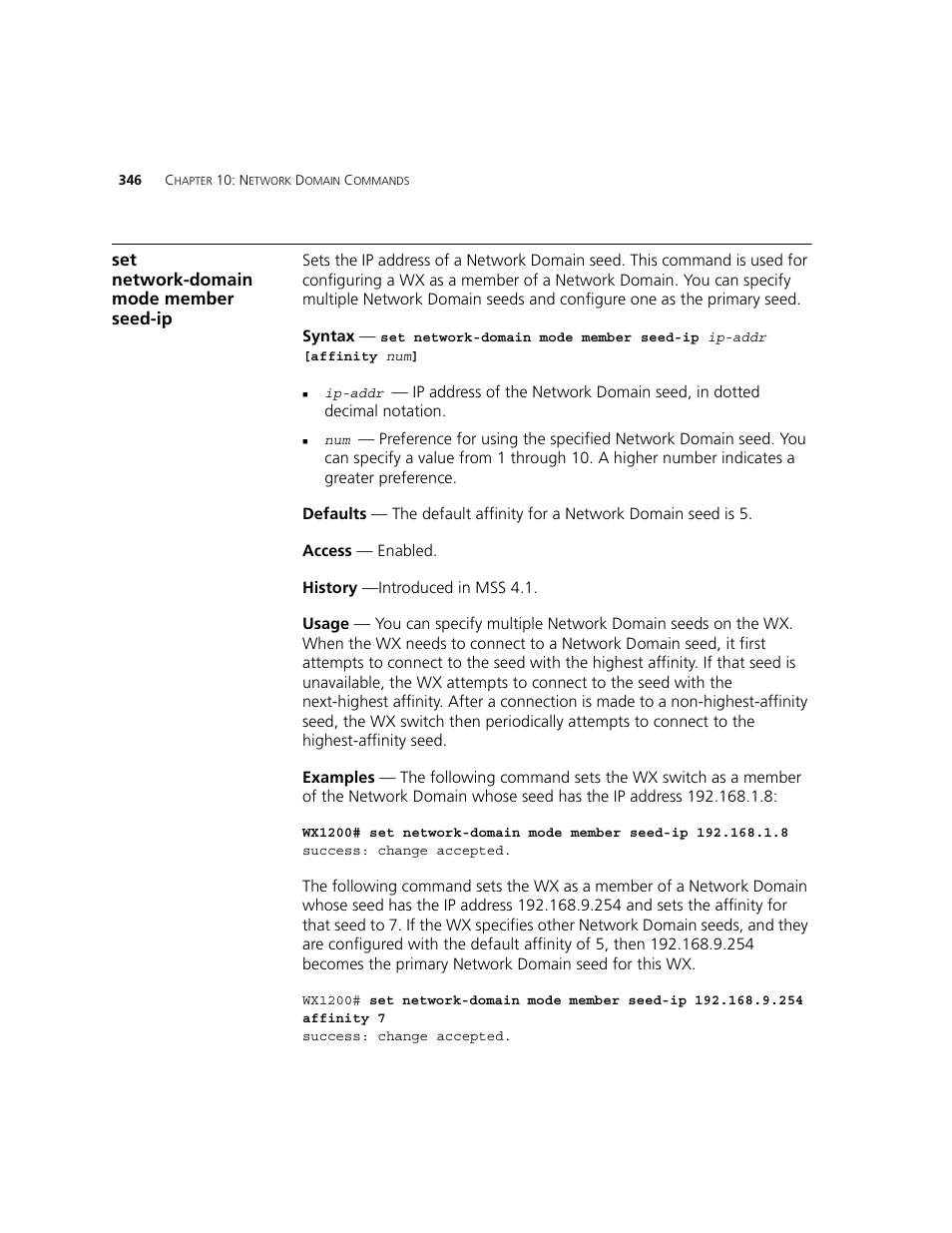 Set network-domain mode member seed-ip | 3Com WXR100 3CRWXR10095A User Manual | Page 346 / 800