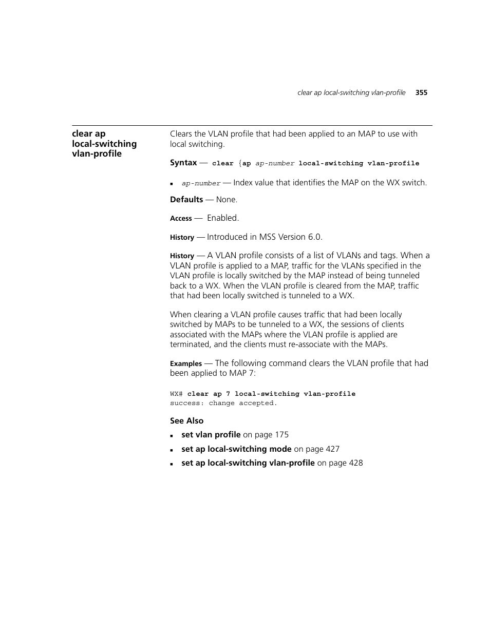 Clear ap local-switching vlan-profile | 3Com WXR100 3CRWXR10095A User Manual | Page 355 / 800