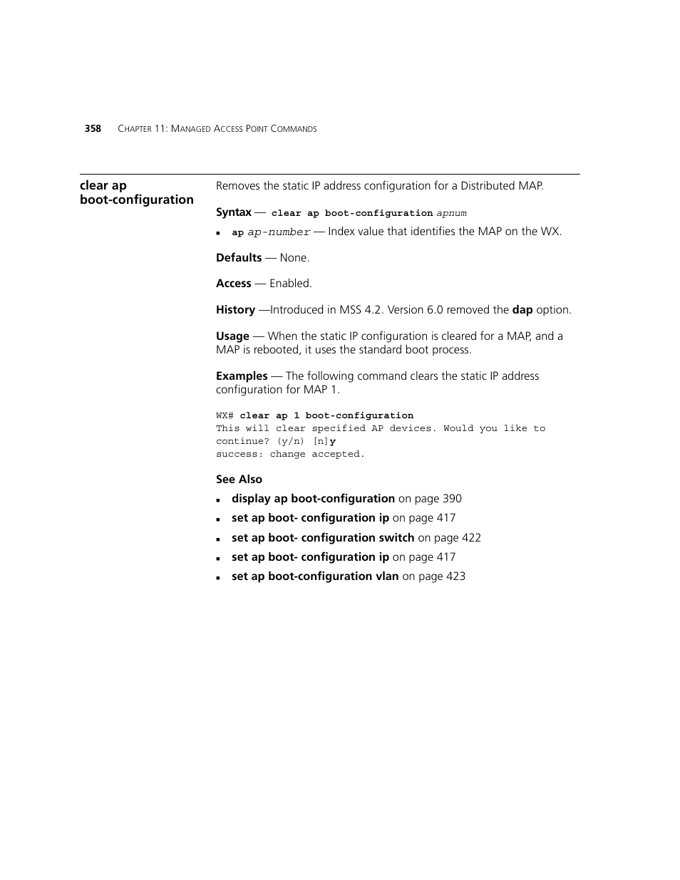 Clear ap boot-configuration | 3Com WXR100 3CRWXR10095A User Manual | Page 358 / 800