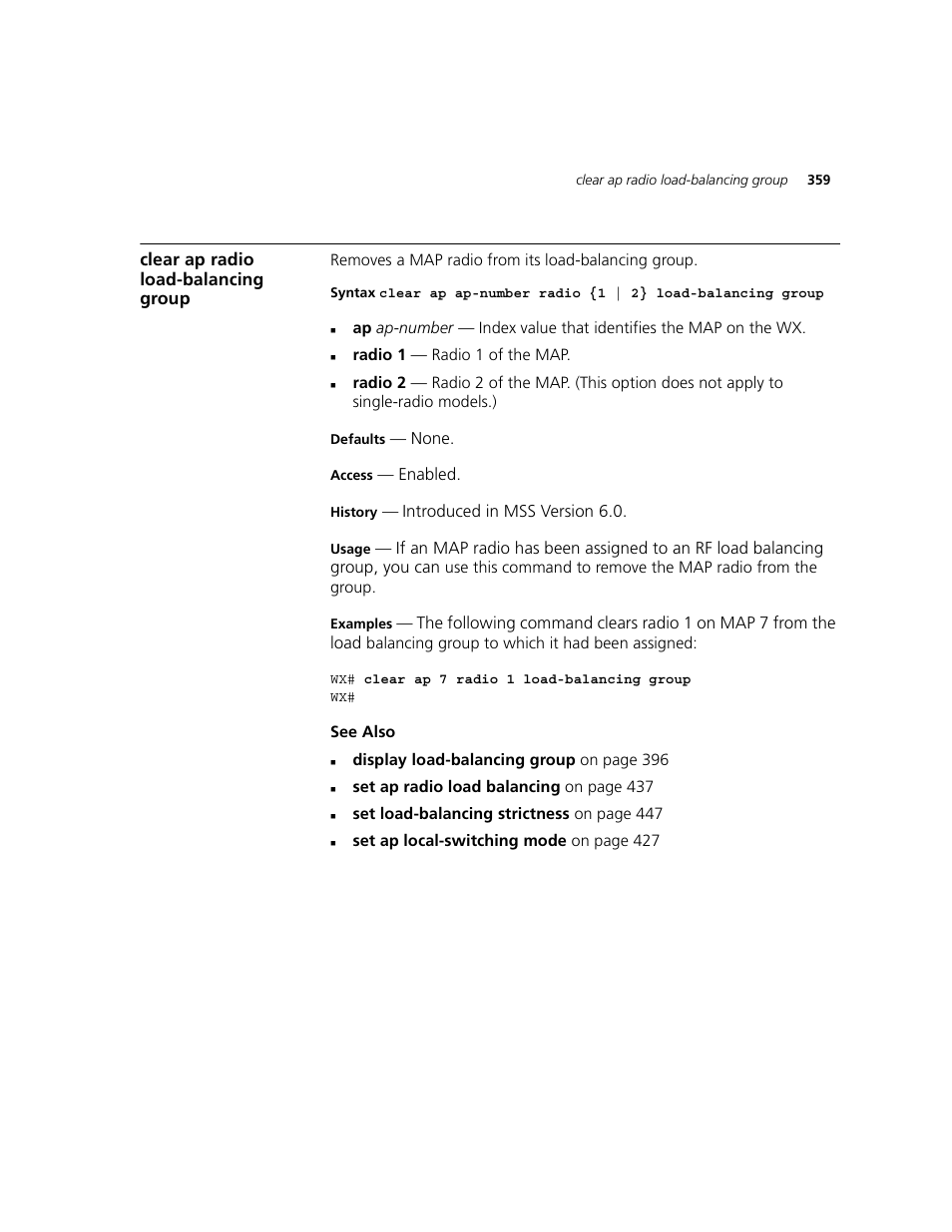 Clear ap radio load-balancing group | 3Com WXR100 3CRWXR10095A User Manual | Page 359 / 800