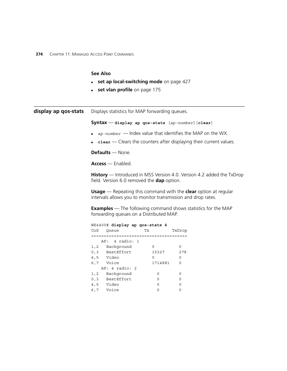 Display ap qos-stats | 3Com WXR100 3CRWXR10095A User Manual | Page 374 / 800