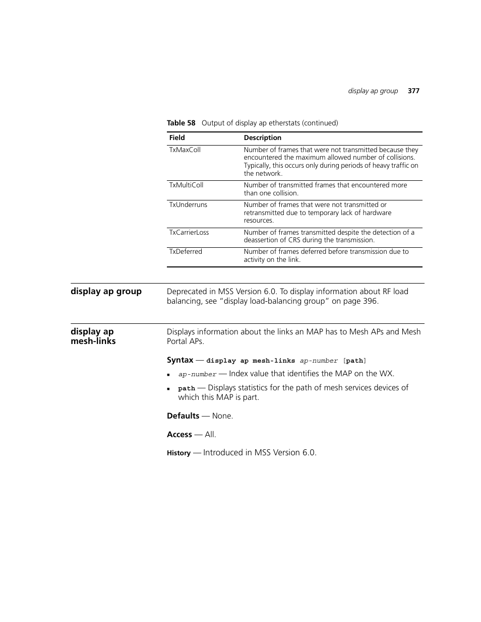 Display ap group, Display ap mesh-links | 3Com WXR100 3CRWXR10095A User Manual | Page 377 / 800