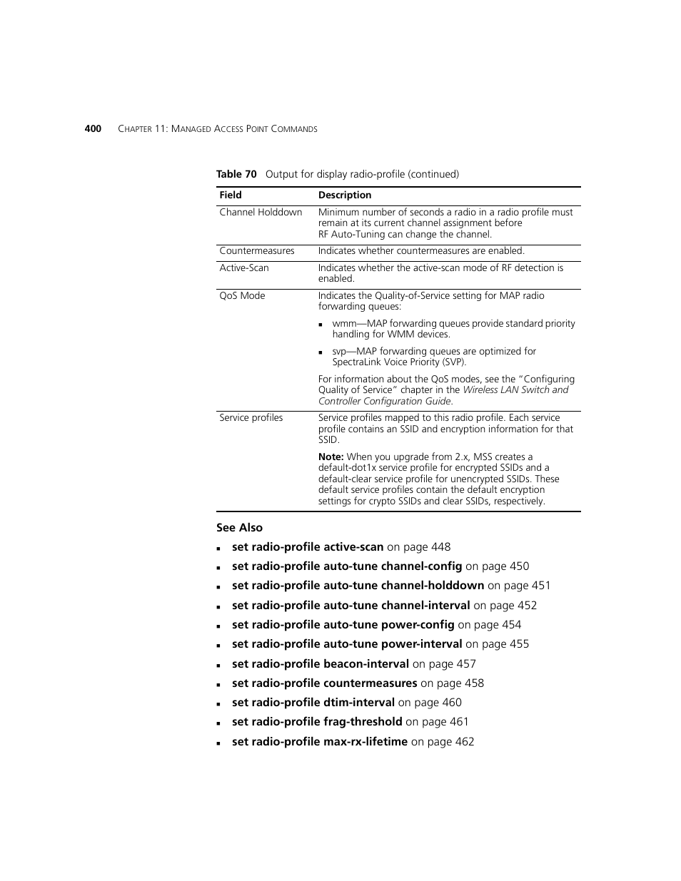 See also, Set radio-profile active-scan on page 448, Set radio-profile beacon-interval on page 457 | Set radio-profile countermeasures on page 458, Set radio-profile dtim-interval on page 460, Set radio-profile frag-threshold on page 461, Set radio-profile max-rx-lifetime on page 462 | 3Com WXR100 3CRWXR10095A User Manual | Page 400 / 800