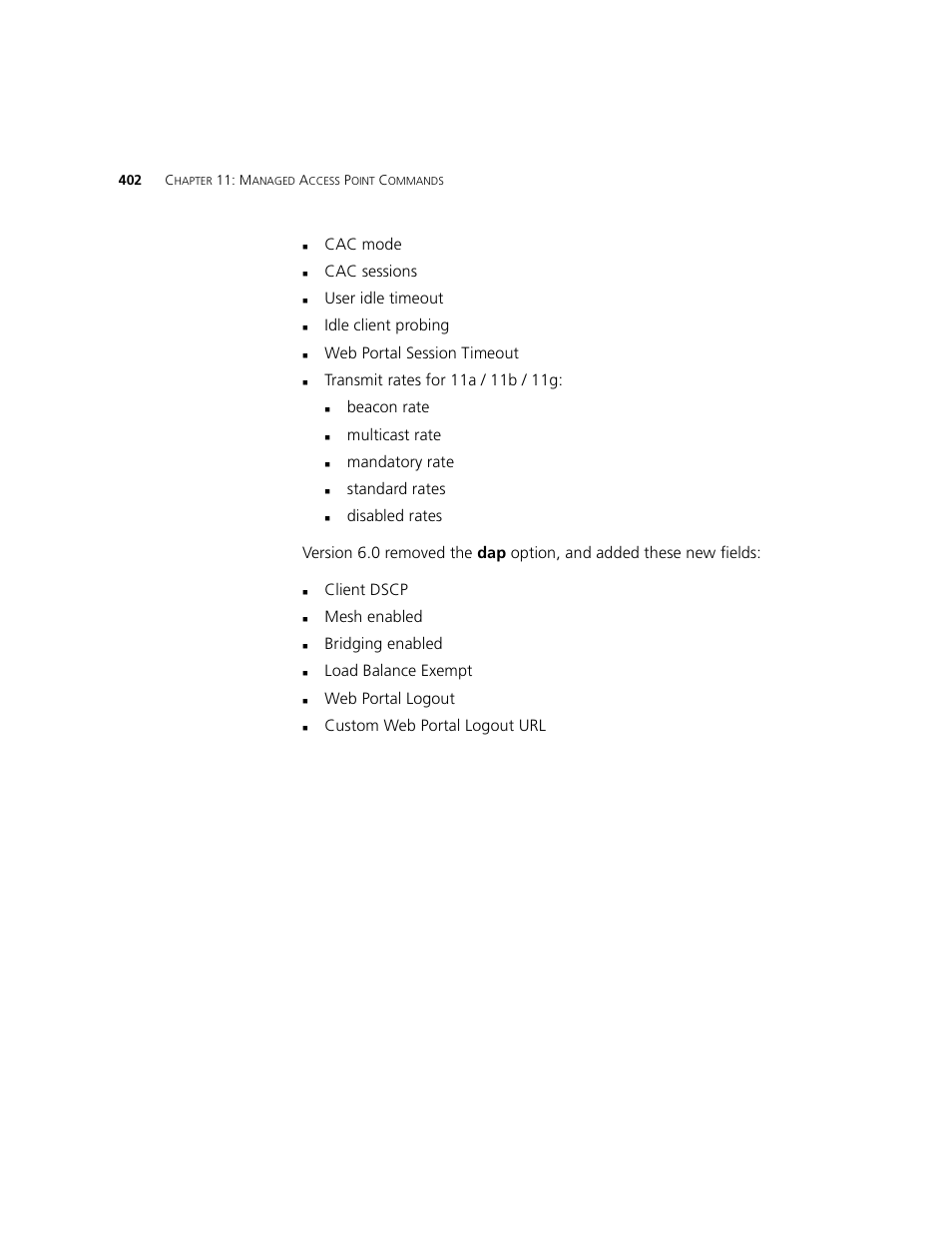 Cac mode, Cac sessions, User idle timeout | Idle client probing, Web portal session timeout, Beacon rate, Multicast rate, Mandatory rate, Standard rates, Client dscp | 3Com WXR100 3CRWXR10095A User Manual | Page 402 / 800