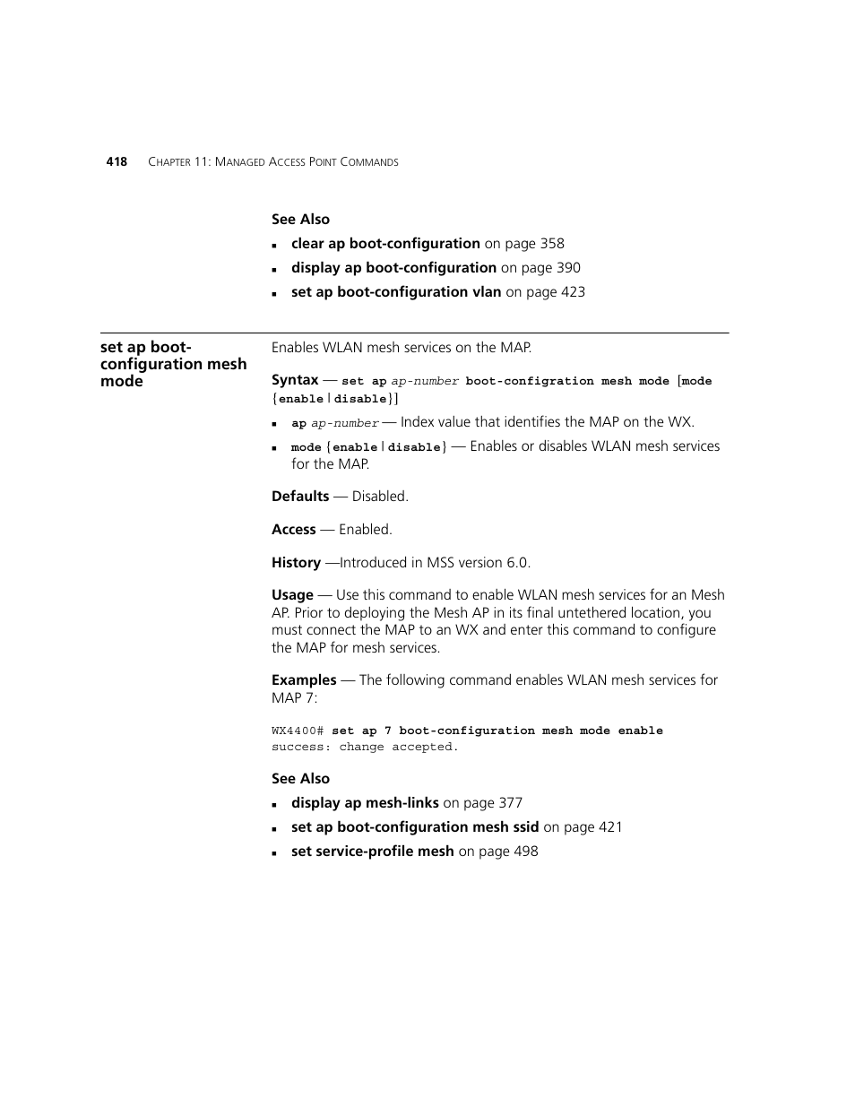 Set ap boot- configuration mesh mode | 3Com WXR100 3CRWXR10095A User Manual | Page 418 / 800