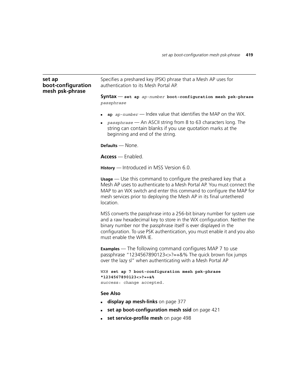 Set ap boot-configuration mesh psk-phrase | 3Com WXR100 3CRWXR10095A User Manual | Page 419 / 800
