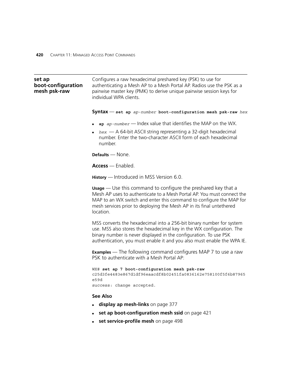 Set ap boot-configuration mesh psk-raw | 3Com WXR100 3CRWXR10095A User Manual | Page 420 / 800