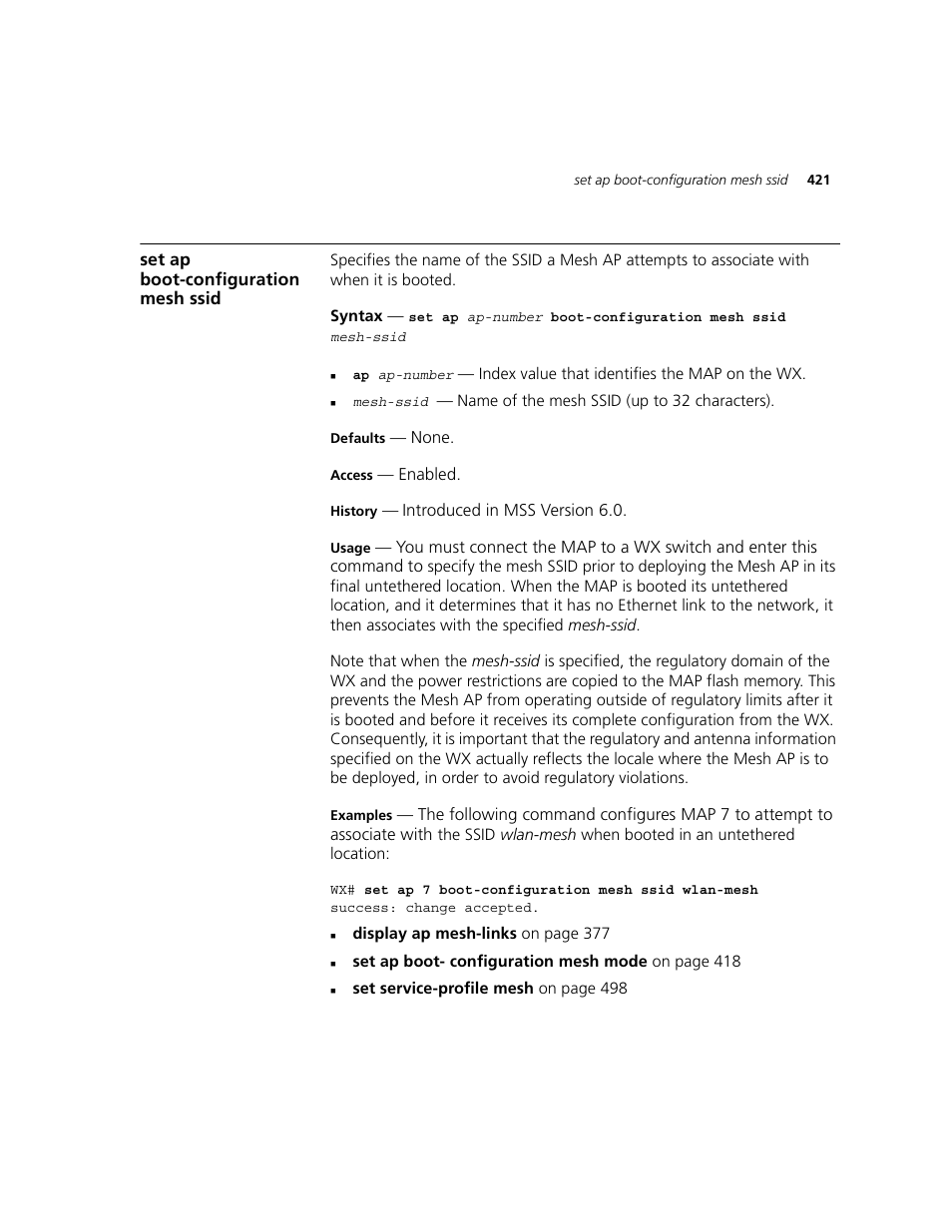 Set ap boot-configuration mesh ssid | 3Com WXR100 3CRWXR10095A User Manual | Page 421 / 800