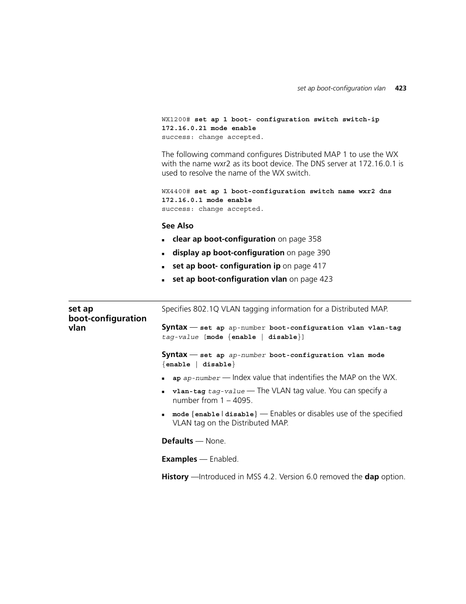 Set ap boot-configuration vlan | 3Com WXR100 3CRWXR10095A User Manual | Page 423 / 800