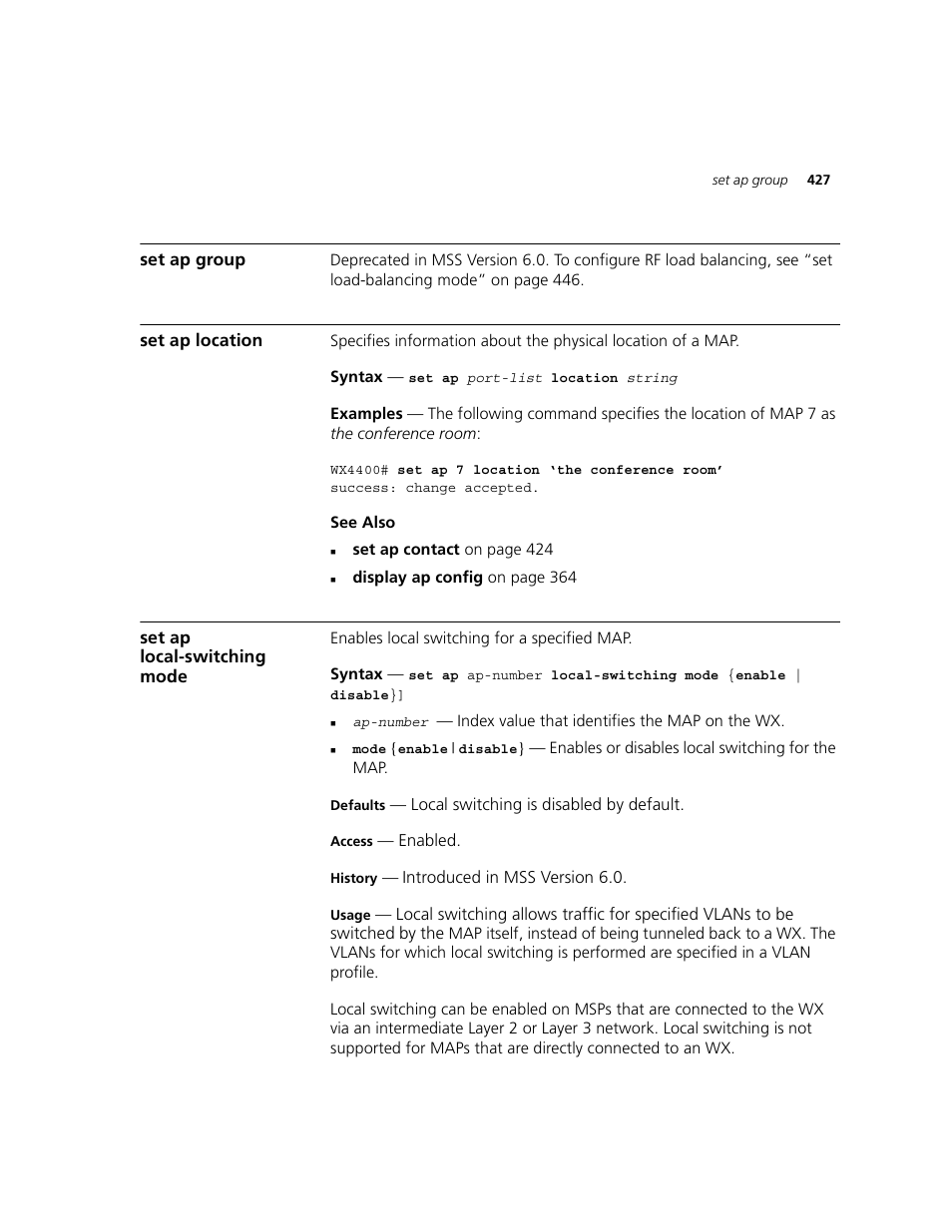 Set ap group, Set ap location, Set ap local-switching mode | 3Com WXR100 3CRWXR10095A User Manual | Page 427 / 800