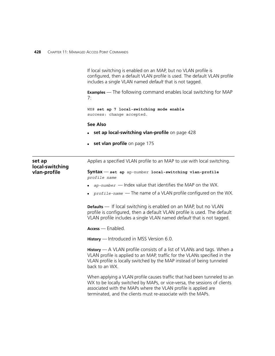 Set ap local-switching vlan-profile | 3Com WXR100 3CRWXR10095A User Manual | Page 428 / 800