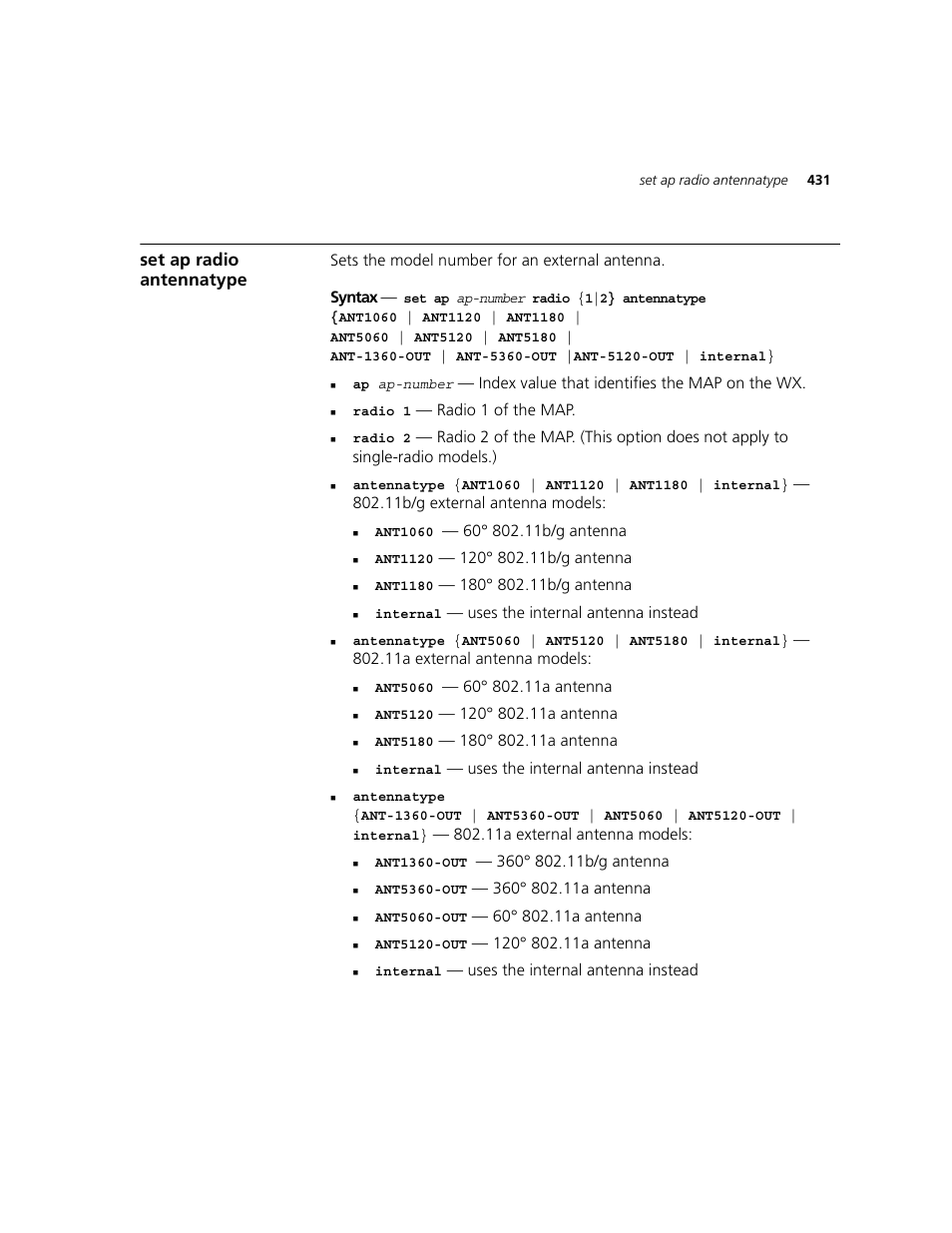 Set ap radio antennatype | 3Com WXR100 3CRWXR10095A User Manual | Page 431 / 800