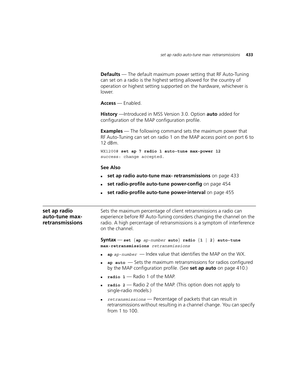 Set ap radio auto-tune max- retransmissions | 3Com WXR100 3CRWXR10095A User Manual | Page 433 / 800