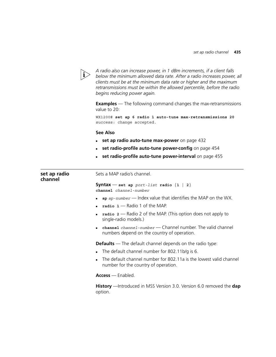 Set ap radio channel | 3Com WXR100 3CRWXR10095A User Manual | Page 435 / 800