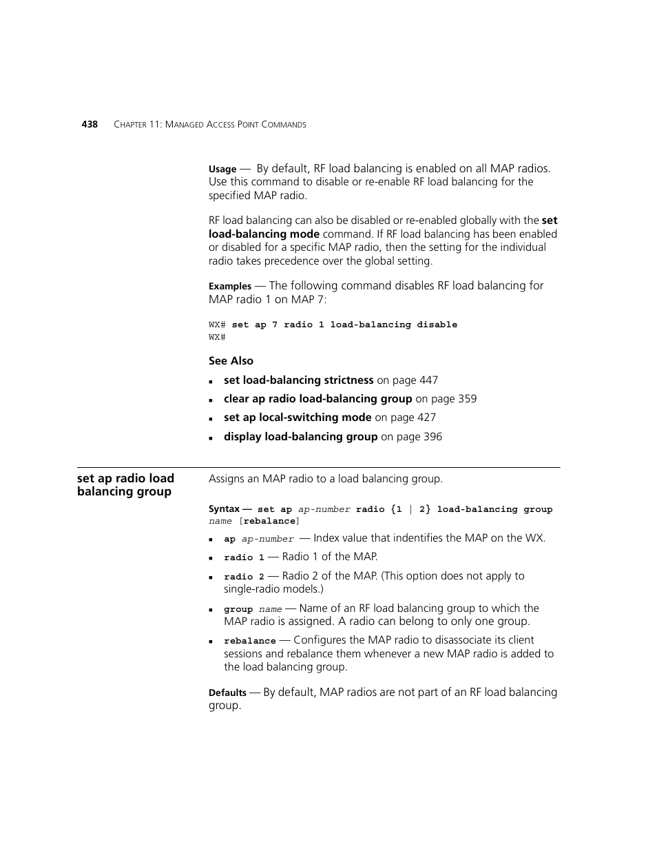 Set ap radio load balancing group | 3Com WXR100 3CRWXR10095A User Manual | Page 438 / 800