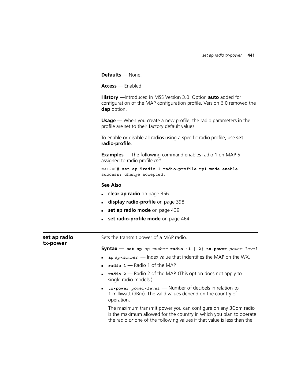 Set ap radio tx-power | 3Com WXR100 3CRWXR10095A User Manual | Page 441 / 800